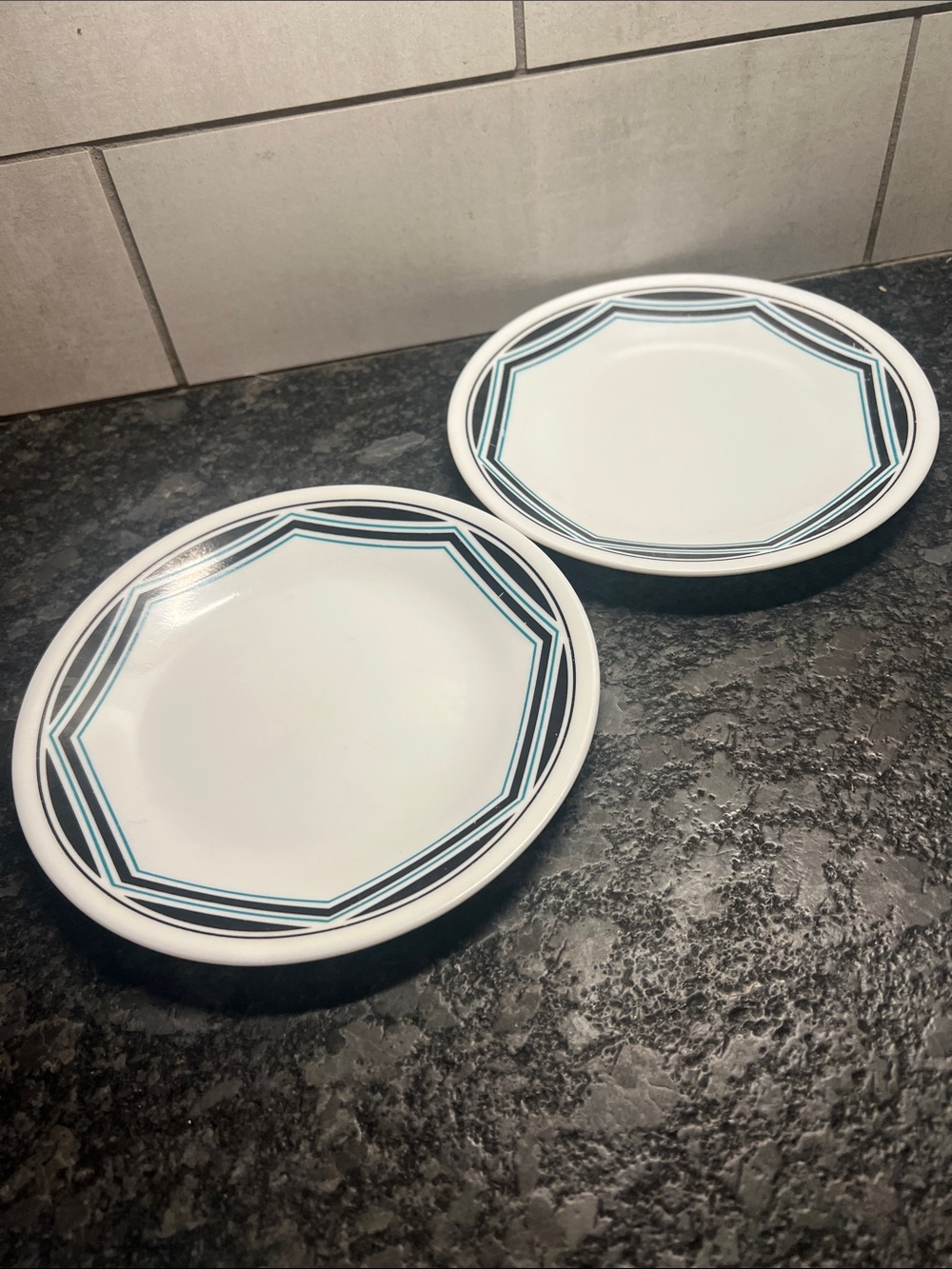 Vintage CORELLE ANGLES salad plates. Black and teal green. MCM